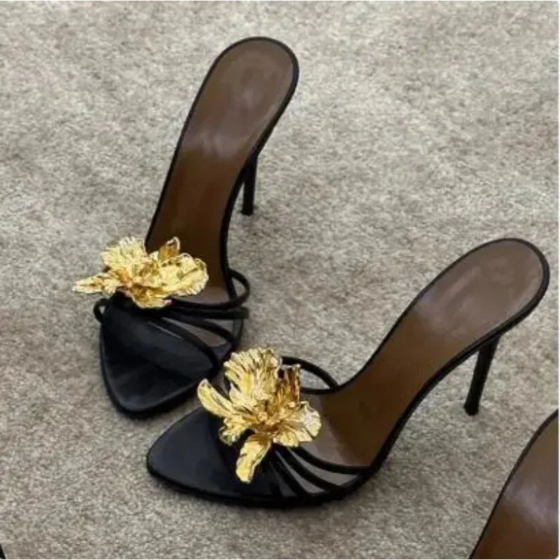 Women Black Gold Genuine Leather Gold Metal Flower Open Toe Shallow Slip on Stiletto Heel Slide Slippers Sandals