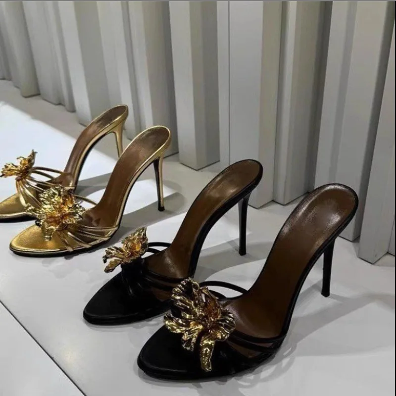 Women Black Gold Genuine Leather Gold Metal Flower Open Toe Shallow Slip on Stiletto Heel Slide Slippers Sandals