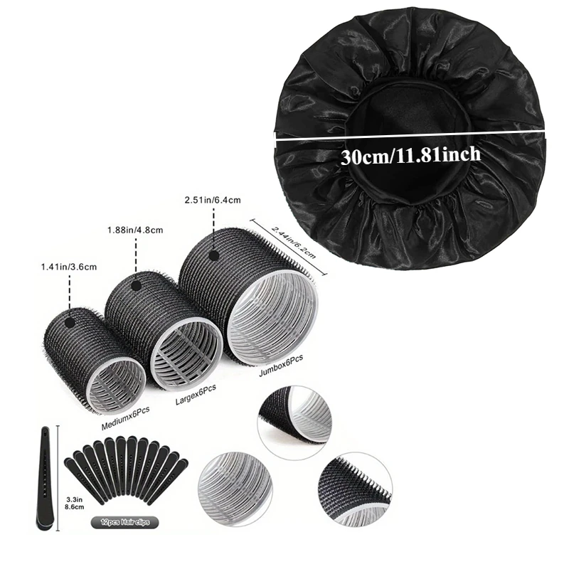 31Pcs Heatless Hair Curlers Set with 18 Self Grip Rollers 12 Clips Satin Nightcap for Overnight Natural Waves Styling Kit