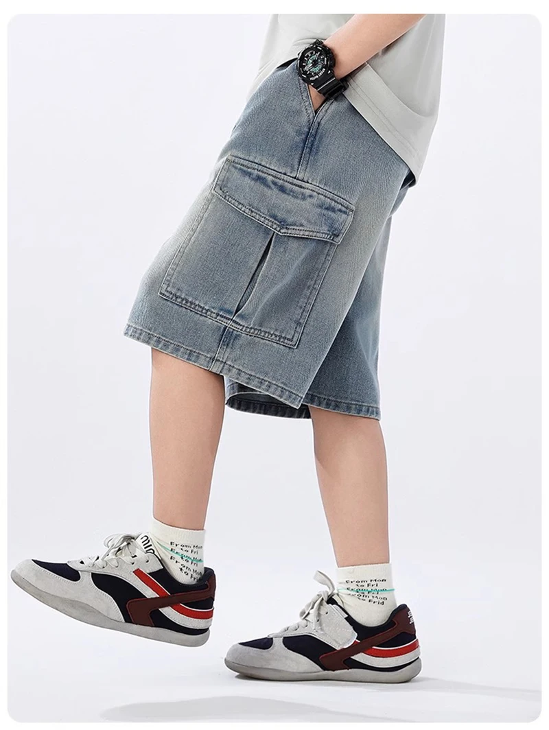 Summer Teen Boys Denim Shorts Fashion Solid Color Big Pocket Thin Jeans Pants For 4-14 Years Kids Children Casual Trousers
