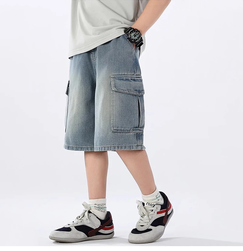 Summer Teen Boys Denim Shorts Fashion Solid Color Big Pocket Thin Jeans Pants For 4-14 Years Kids Children Casual Trousers
