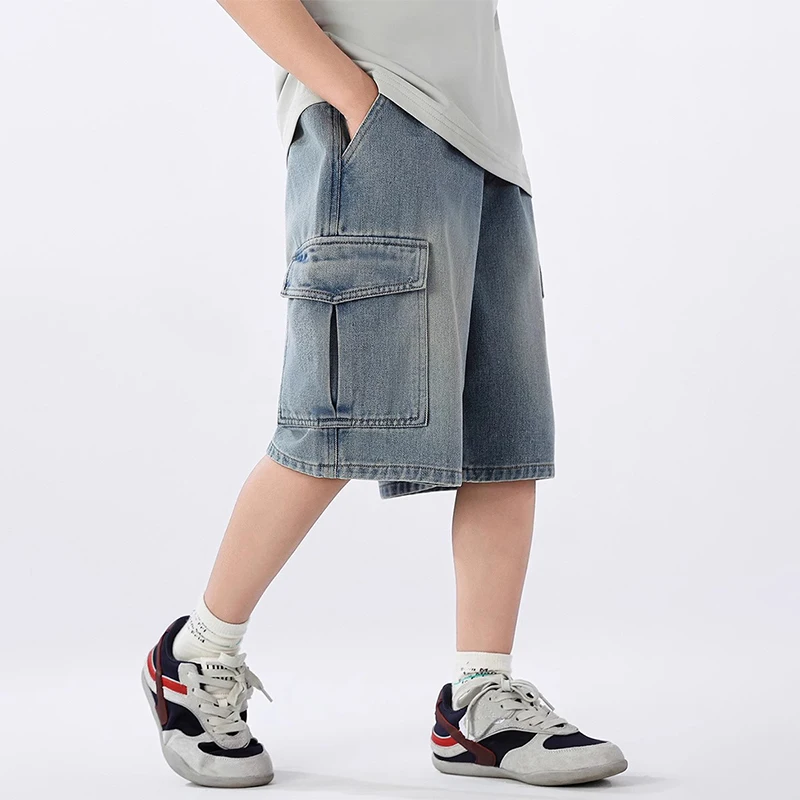 Summer Teen Boys Denim Shorts Fashion Solid Color Big Pocket Thin Jeans Pants For 4-14 Years Kids Children Casual Trousers