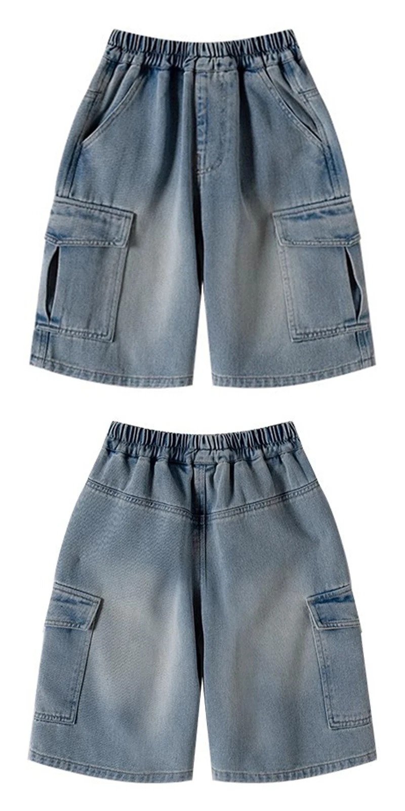 Summer Teen Boys Denim Shorts Fashion Solid Color Big Pocket Thin Jeans Pants For 4-14 Years Kids Children Casual Trousers