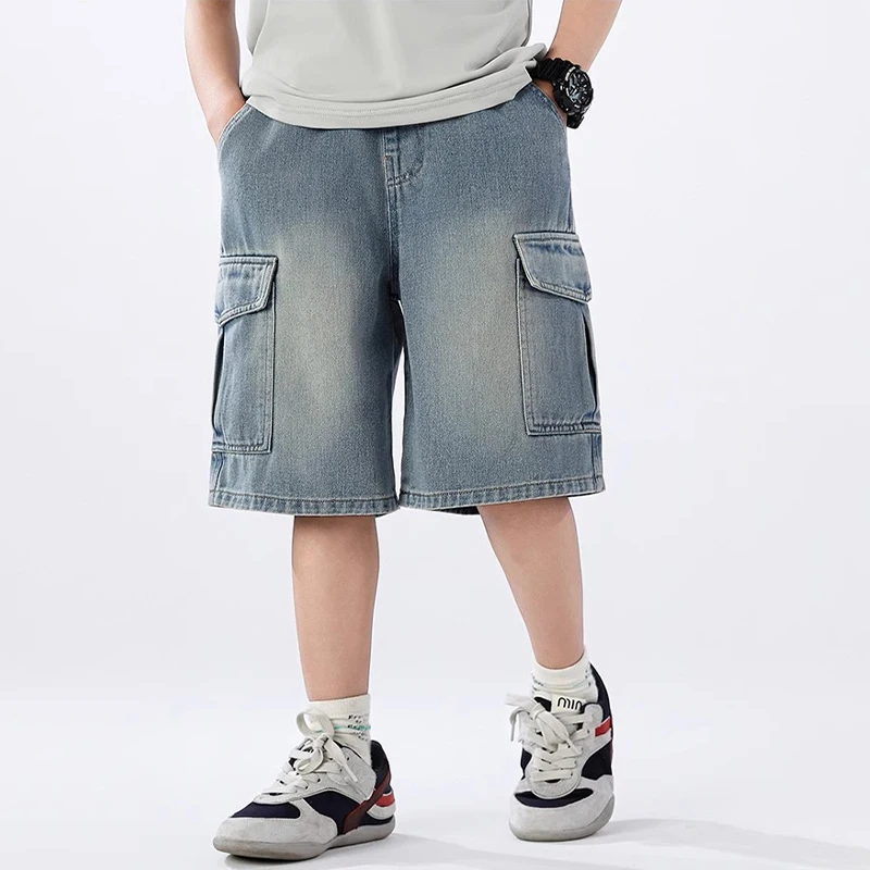 Summer Teen Boys Denim Shorts Fashion Solid Color Big Pocket Thin Jeans Pants For 4-14 Years Kids Children Casual Trousers