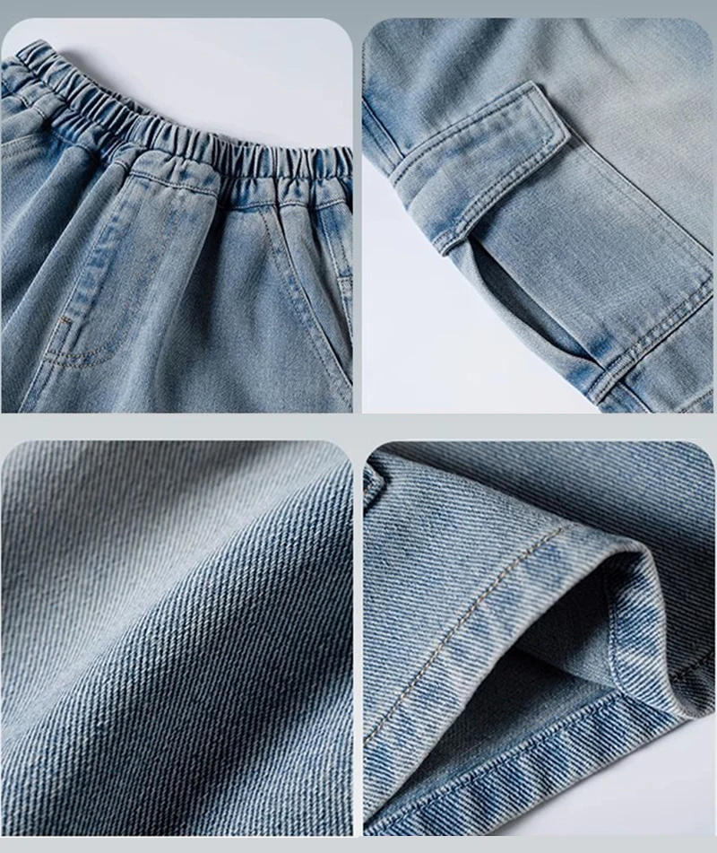 Summer Teen Boys Denim Shorts Fashion Solid Color Big Pocket Thin Jeans Pants For 4-14 Years Kids Children Casual Trousers