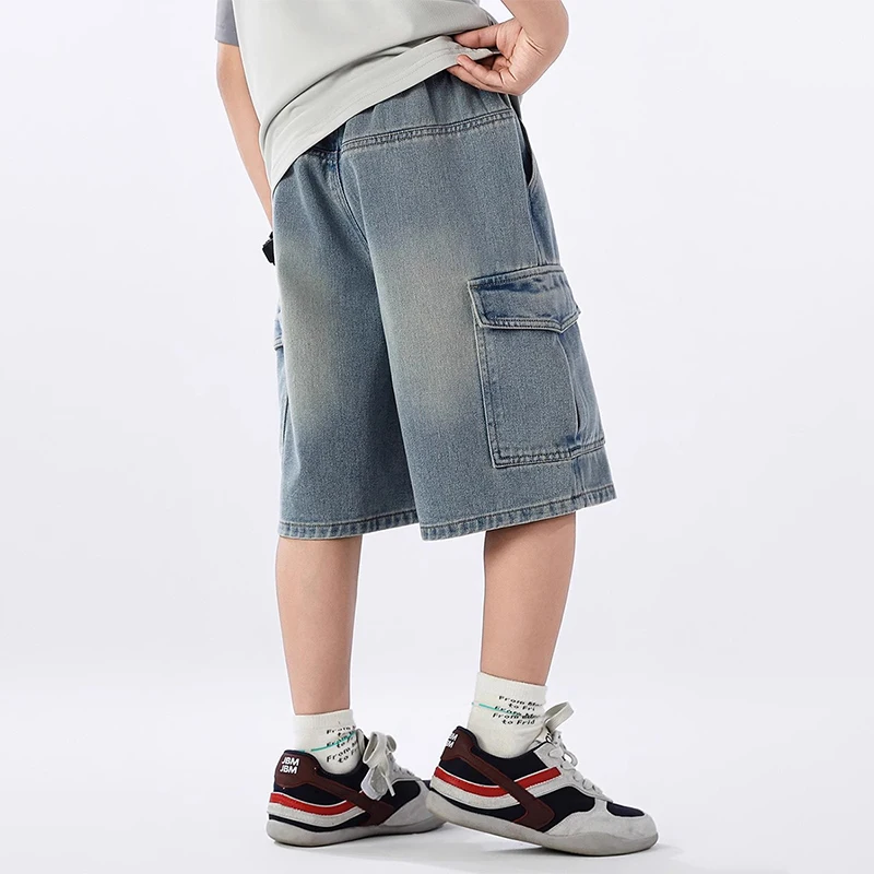Summer Teen Boys Denim Shorts Fashion Solid Color Big Pocket Thin Jeans Pants For 4-14 Years Kids Children Casual Trousers