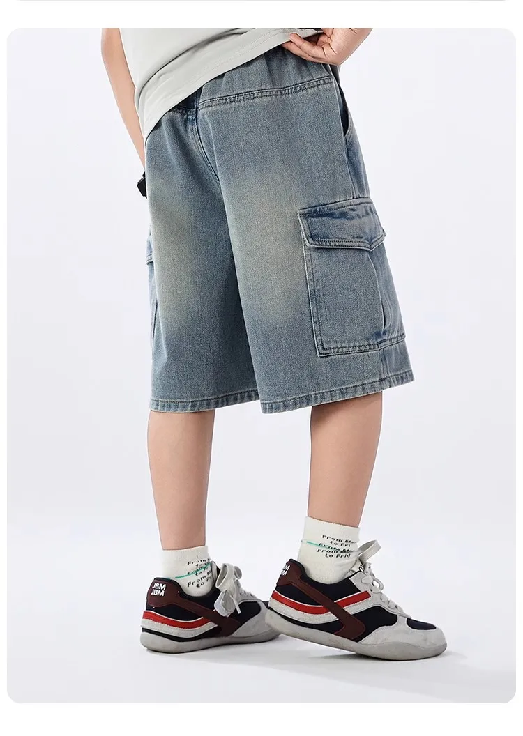 Summer Teen Boys Denim Shorts Fashion Solid Color Big Pocket Thin Jeans Pants For 4-14 Years Kids Children Casual Trousers