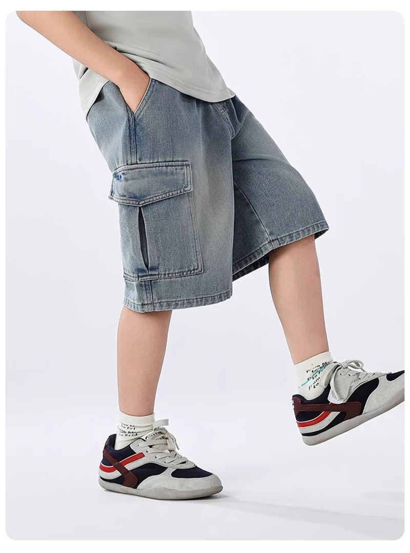 Summer Teen Boys Denim Shorts Fashion Solid Color Big Pocket Thin Jeans Pants For 4-14 Years Kids Children Casual Trousers
