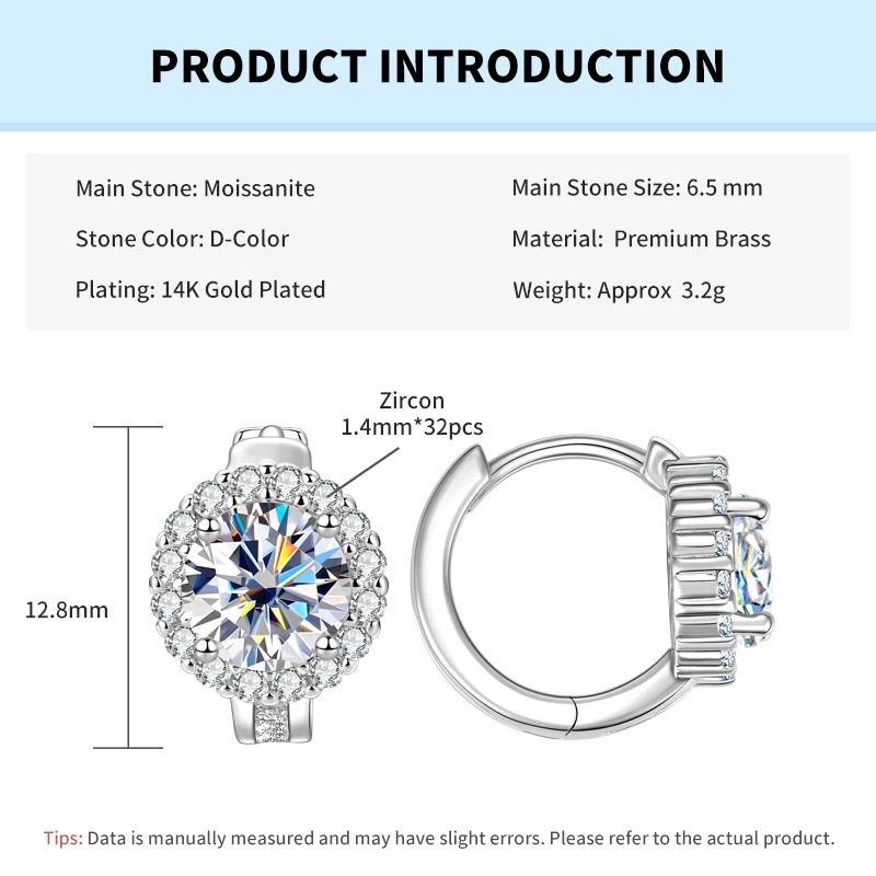 Rrjzz Certified 6.5MM 1CT VVS1 Moissanite Hoop Earrings for Women D-Color Round Lab-created Diamond Anniversary Jewelry Gifts