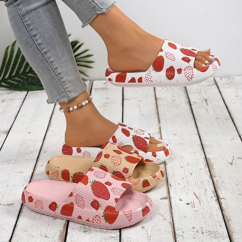 Pink Strawberry Summer Beach Slippers Women 2026 Soft Sole Eva Cloud Slides Woman Outdoor Non Slip Beach Sandals Plus Size 36-45