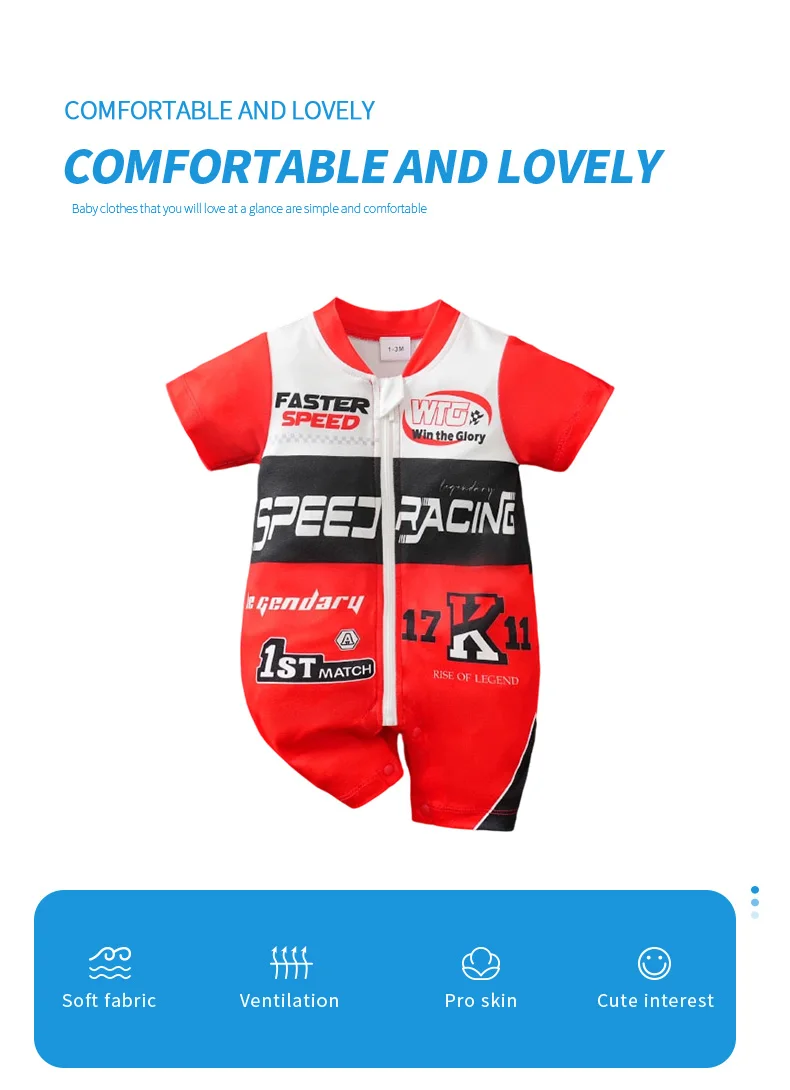 Summer Baby Racer Style Romper, Infant Motorsport Jumpsuit, Newborn Red & White Racing One-piece Outfit Short Sleeve Cool