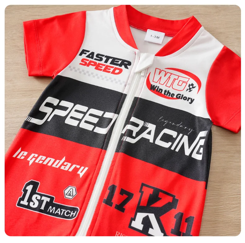 Summer Baby Racer Style Romper, Infant Motorsport Jumpsuit, Newborn Red & White Racing One-piece Outfit Short Sleeve Cool