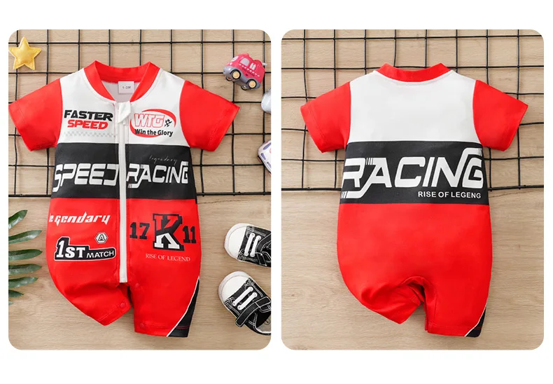 Summer Baby Racer Style Romper, Infant Motorsport Jumpsuit, Newborn Red & White Racing One-piece Outfit Short Sleeve Cool