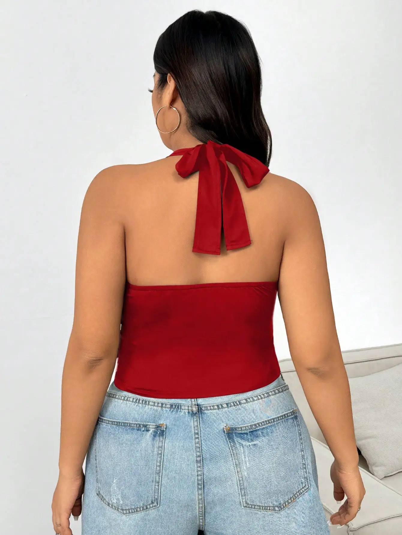 Plus Size Women's Halter Neck Crop Top Deep V Neck Backless Tie Back Sexy Cami Top