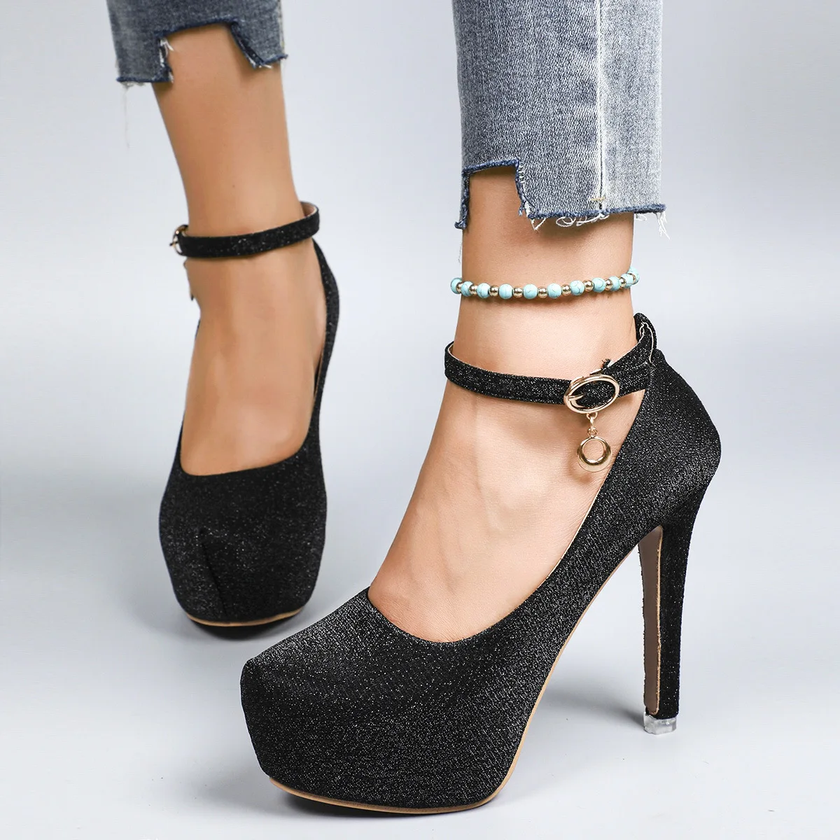 Women's High Heels 2025 New Style Semi-Uppered Thin Heel Waterproof Platform Buckle Fashion Shoes Large Size Strap Shoes
