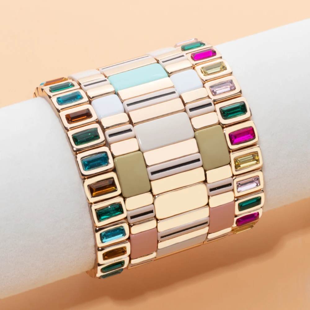 BEUTIFOR offwhite Color Enamel Bracelets for Women Handmade Bohemian Pink Color Bangle Sets