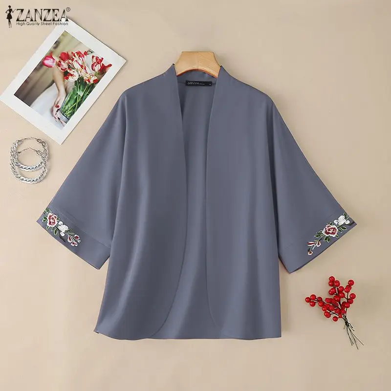 2026 Summer Cardigan ZANZEA Women Vintage Holiday Kimonos 3/4 Sleeve Embroidered Blouse Female Work Shirt Casual Tops Thin Coats