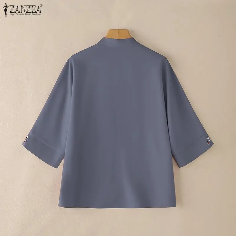 2026 Summer Cardigan ZANZEA Women Vintage Holiday Kimonos 3/4 Sleeve Embroidered Blouse Female Work Shirt Casual Tops Thin Coats