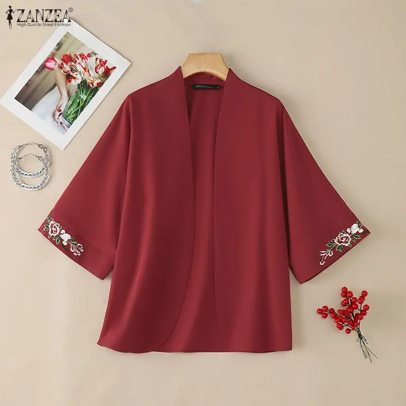 2026 Summer Cardigan ZANZEA Women Vintage Holiday Kimonos 3/4 Sleeve Embroidered Blouse Female Work Shirt Casual Tops Thin Coats