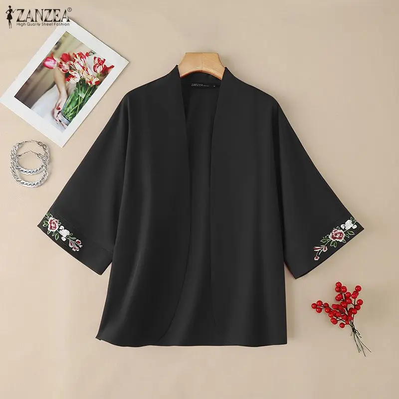 2026 Summer Cardigan ZANZEA Women Vintage Holiday Kimonos 3/4 Sleeve Embroidered Blouse Female Work Shirt Casual Tops Thin Coats