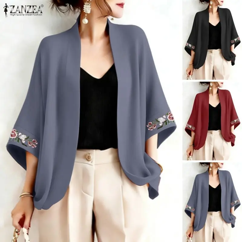 2026 Summer Cardigan ZANZEA Women Vintage Holiday Kimonos 3/4 Sleeve Embroidered Blouse Female Work Shirt Casual Tops Thin Coats