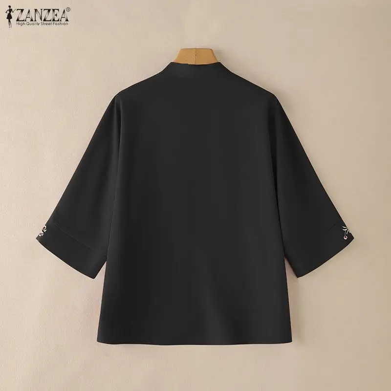 2026 Summer Cardigan ZANZEA Women Vintage Holiday Kimonos 3/4 Sleeve Embroidered Blouse Female Work Shirt Casual Tops Thin Coats