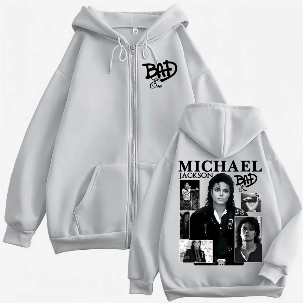 King of Pop Michael Jackson Bad Era Zipper Hoodie Men Women Harajuku Streetwear Jacket Sweatshirt Fleece Casual Zip Up Pullovers