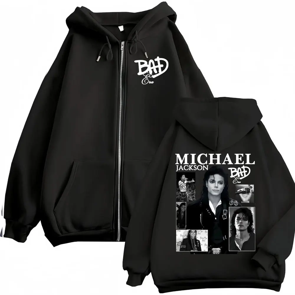 King of Pop Michael Jackson Bad Era Zipper Hoodie Men Women Harajuku Streetwear Jacket Sweatshirt Fleece Casual Zip Up Pullovers
