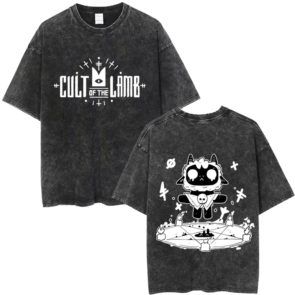 Limited Game Cult of The Lamb Vintage Washed T-shirt Men Women Casual Cotton Oversized T-shirts Cosplay Player Merch T Shirts