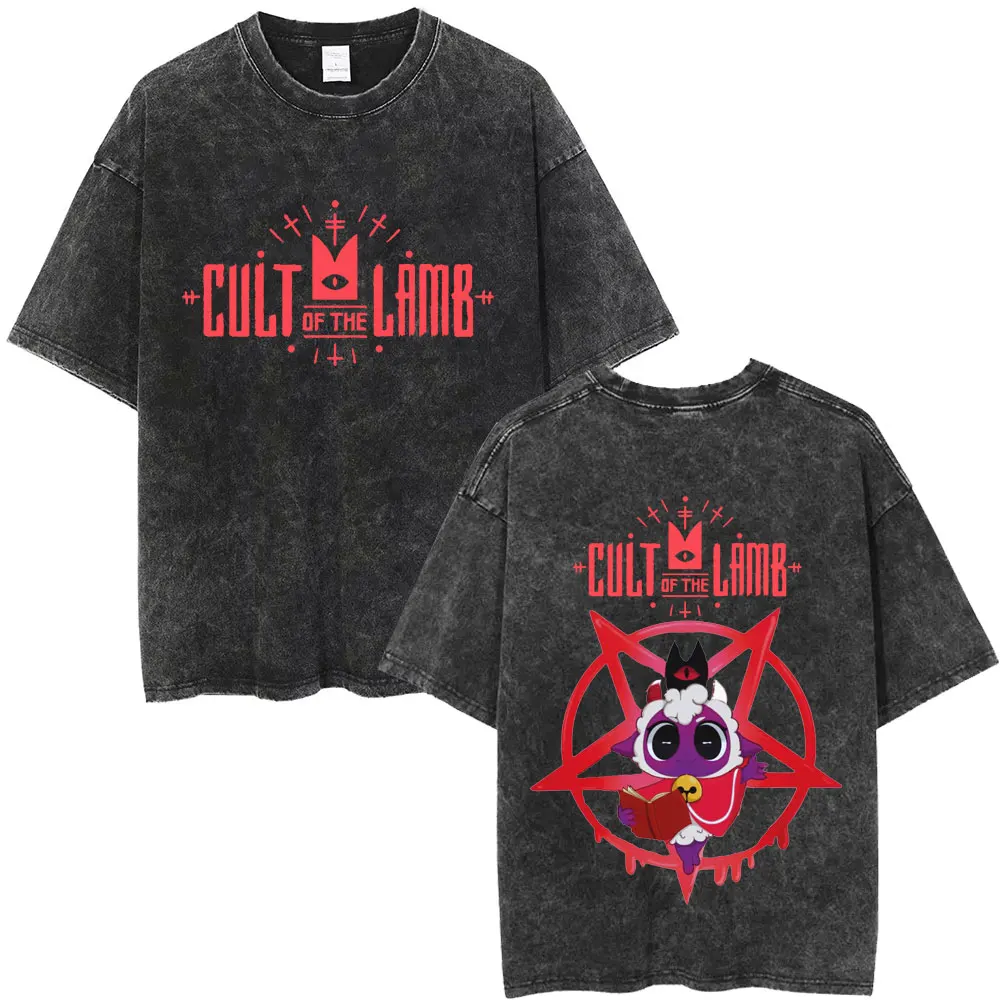 Limited Game Cult of The Lamb Vintage Washed T-shirt Men Women Casual Cotton Oversized T-shirts Cosplay Player Merch T Shirts