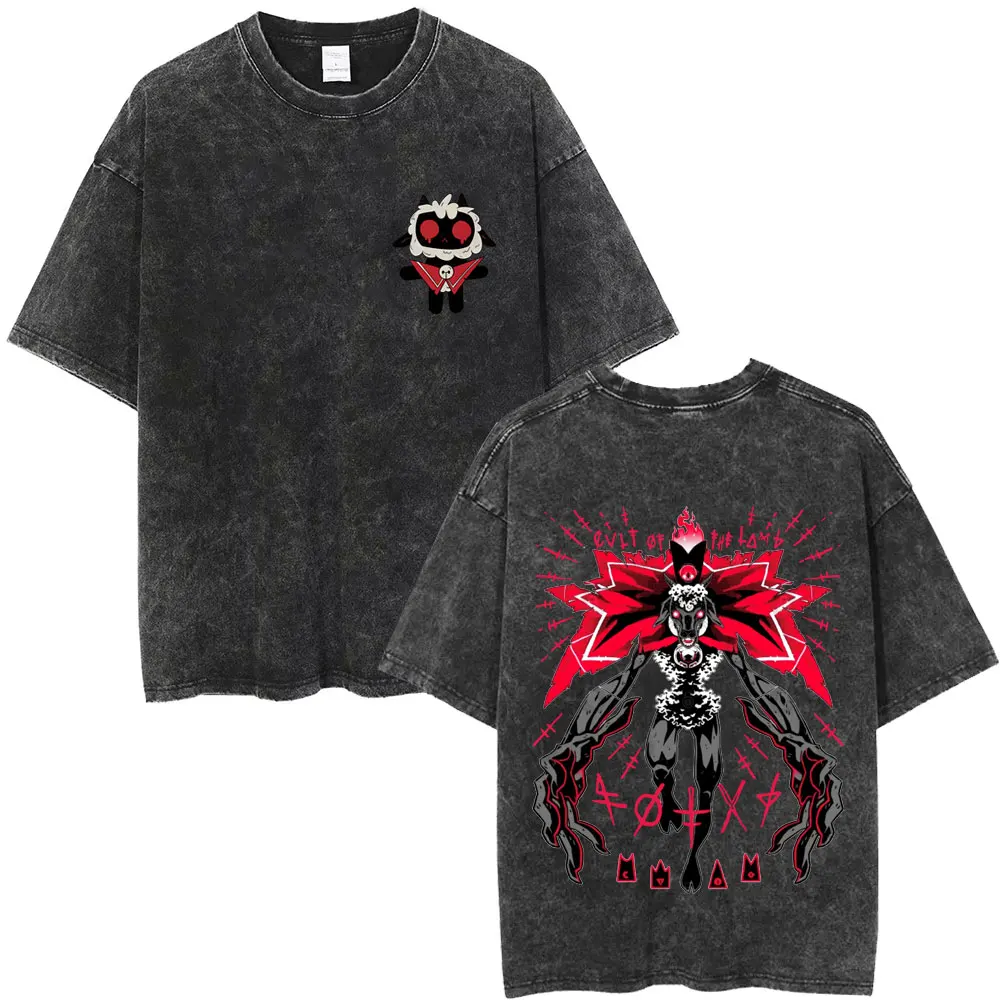 Limited Game Cult of The Lamb Vintage Washed T-shirt Men Women Casual Cotton Oversized T-shirts Cosplay Player Merch T Shirts