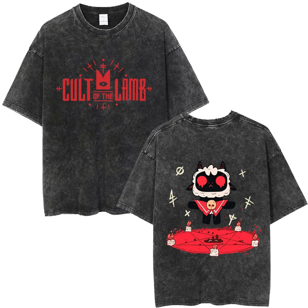 Limited Game Cult of The Lamb Vintage Washed T-shirt Men Women Casual Cotton Oversized T-shirts Cosplay Player Merch T Shirts