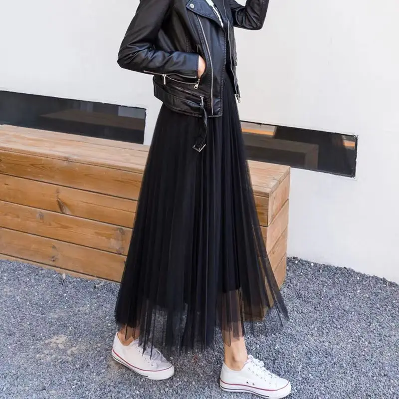 Vintage Tulle Skirt Women Streetwear Elastic High Waist Mesh Pleated Skirts Summer Elegant Korean A Line Office Ladies Skirt New