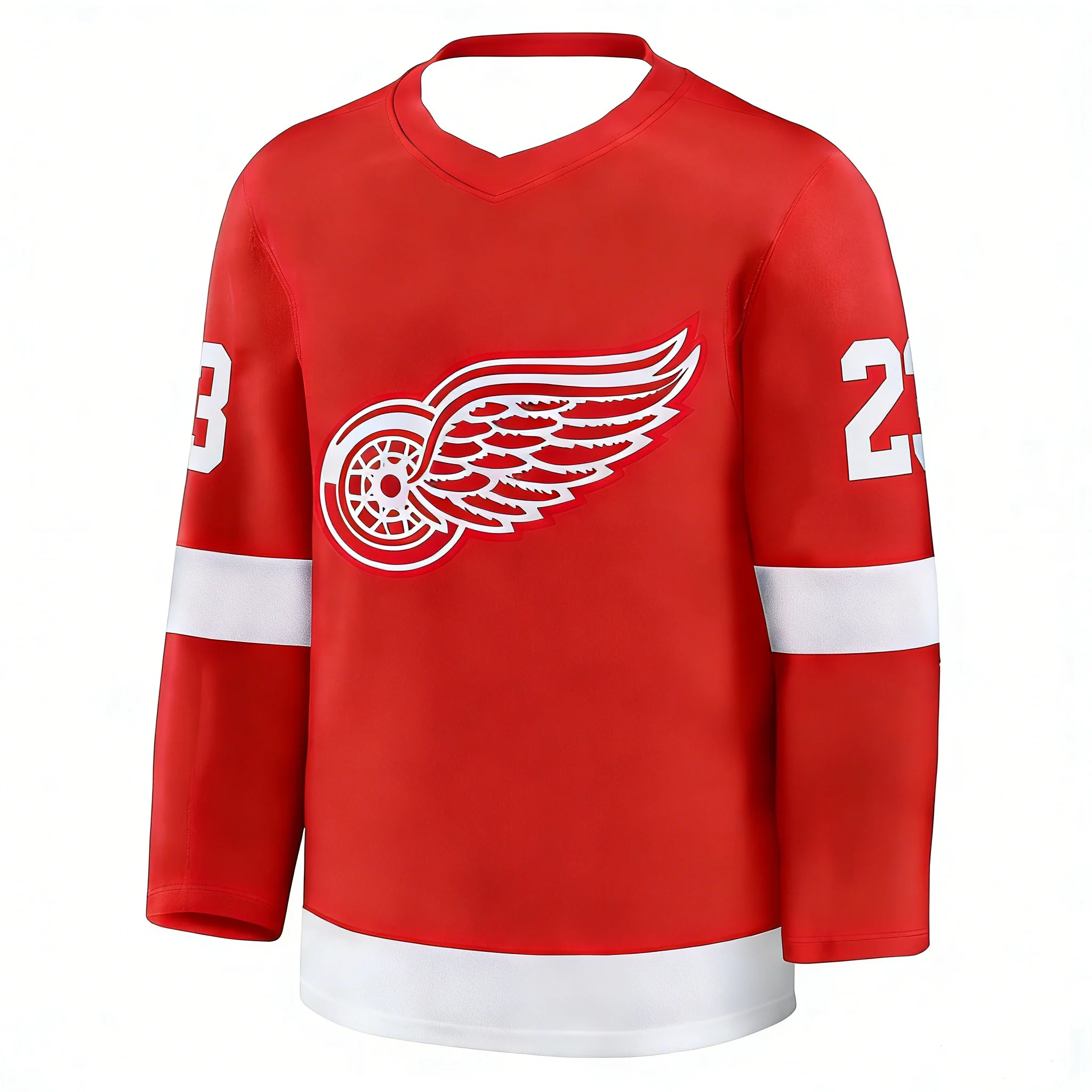 2026 Hockey Jersey Red/White Iconic Winged Wheel #23 Logo Striped Design Long-Sleeve Apparel for Fans & Collectors 3d HD Print