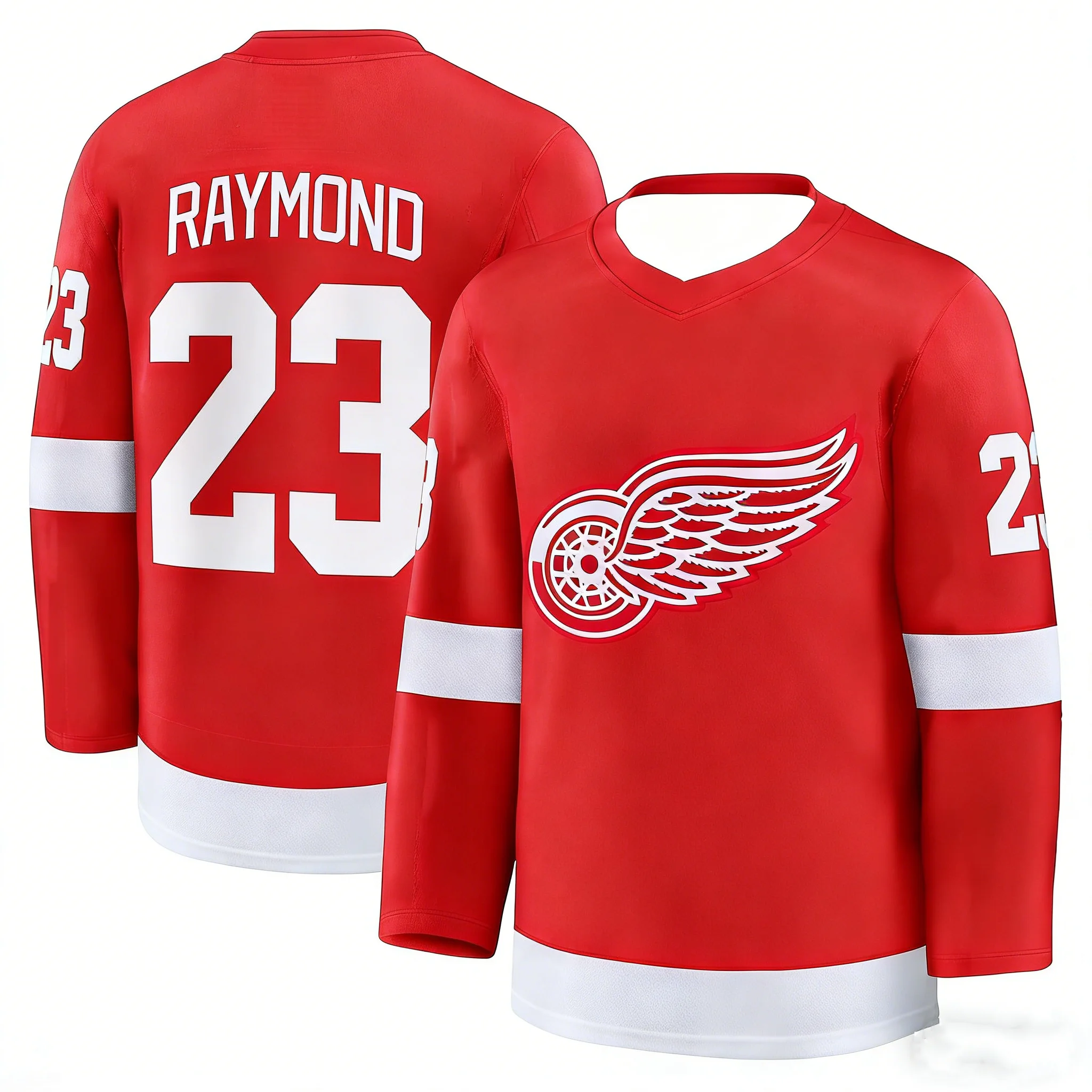 2026 Hockey Jersey Red/White Iconic Winged Wheel #23 Logo Striped Design Long-Sleeve Apparel for Fans & Collectors 3d HD Print