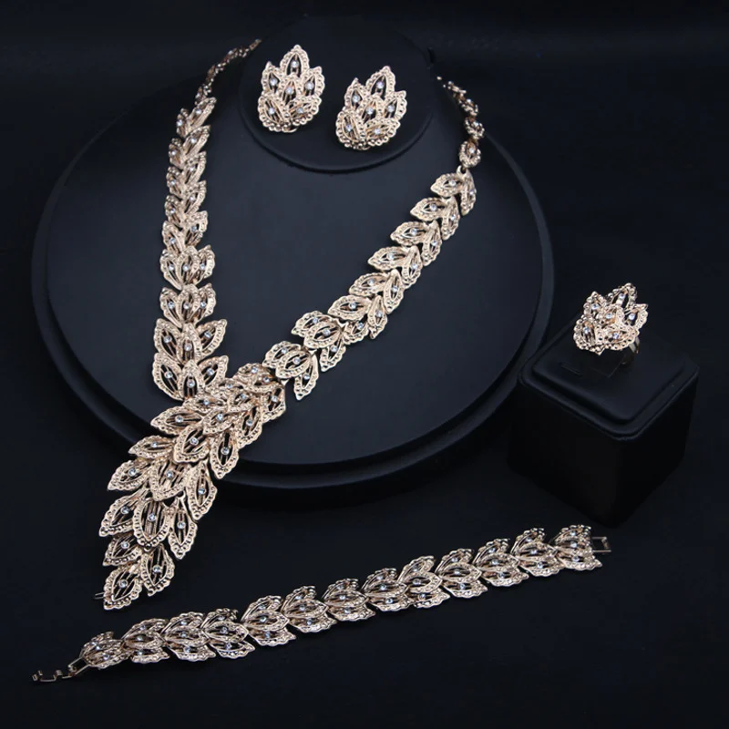 Alloy Feather Gemstone Necklace Earrings Ring Bracelet Set of Four. High-quality waterproof jewelry