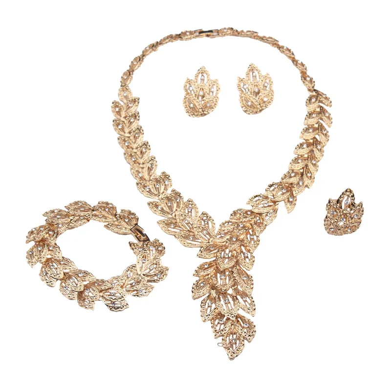 Alloy Feather Gemstone Necklace Earrings Ring Bracelet Set of Four. High-quality waterproof jewelry