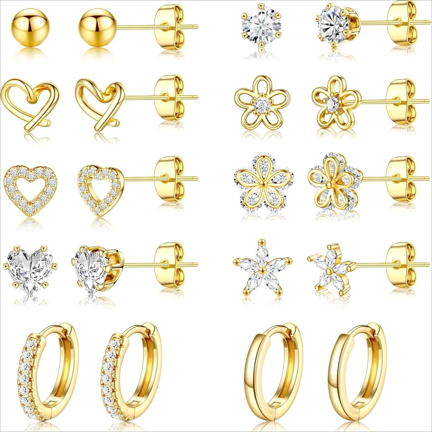 14K Gold Plated CZ Huggie Hoops Hypoallergenic Earrings for Women Girls Daughter Dainty Flower Heart Stud Earrings Jewelry Gift