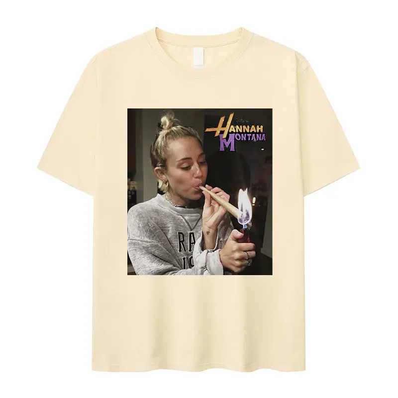 Miley Cyrus Funny Smoking T Shirt Hannah Montana Aesthetic Vintage T-shirt Men Women Summer Oversized Cotton Tshirt Tops Clothes