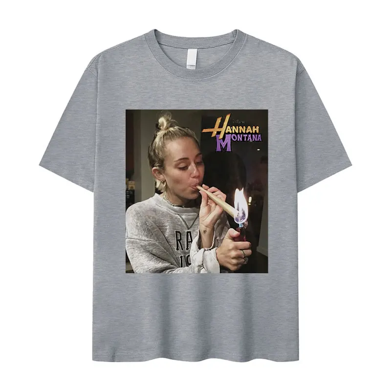 Miley Cyrus Funny Smoking T Shirt Hannah Montana Aesthetic Vintage T-shirt Men Women Summer Oversized Cotton Tshirt Tops Clothes