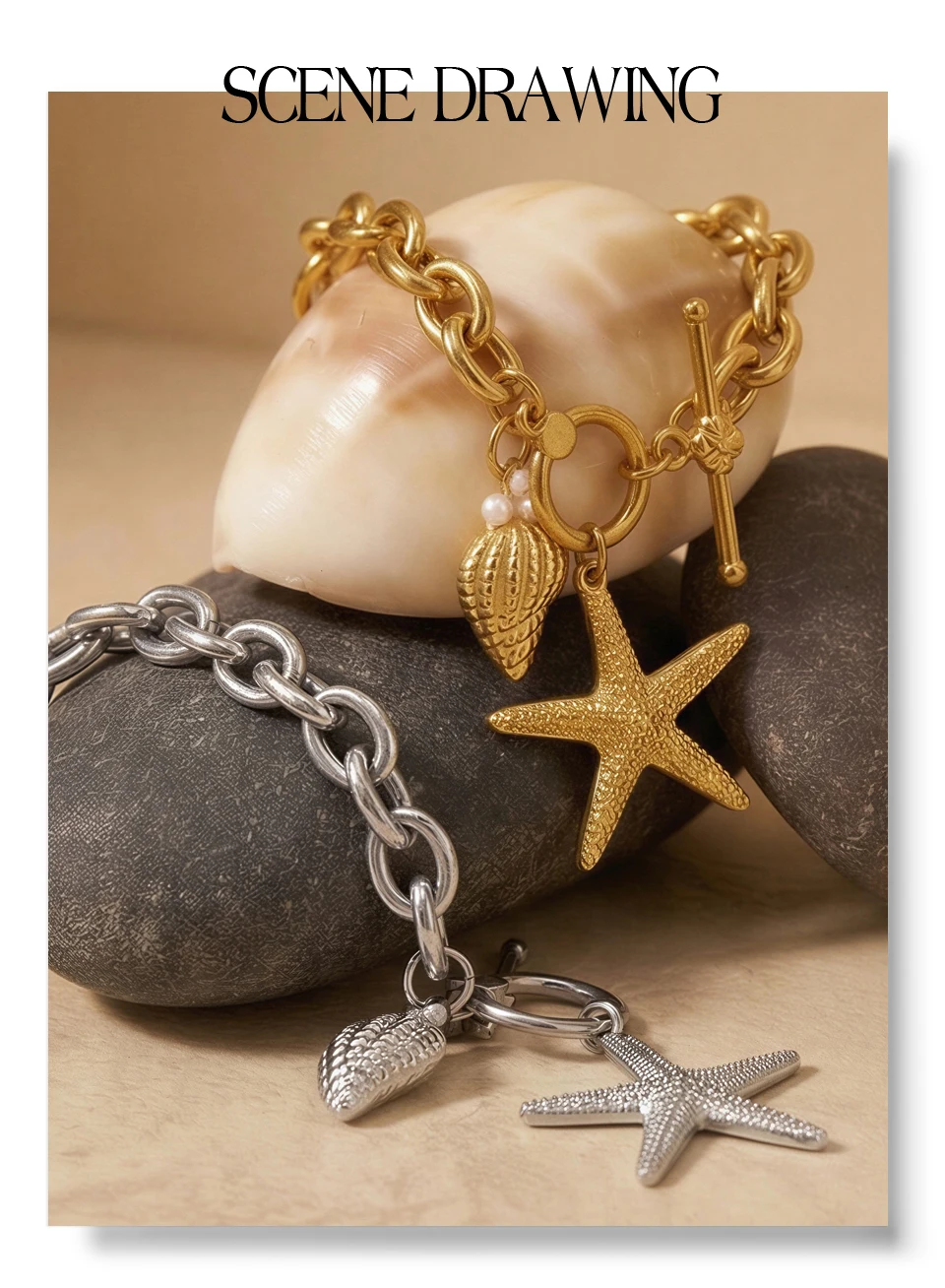 Yhpup Stainless Steel Starfish Conch Drop Charm Bracelet Bangle Toggle-Clasps Chain Ocean Style Summer Arrivals Vacation Jewelry