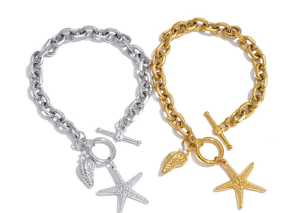 Yhpup Stainless Steel Starfish Conch Drop Charm Bracelet Bangle Toggle-Clasps Chain Ocean Style Summer Arrivals Vacation Jewelry