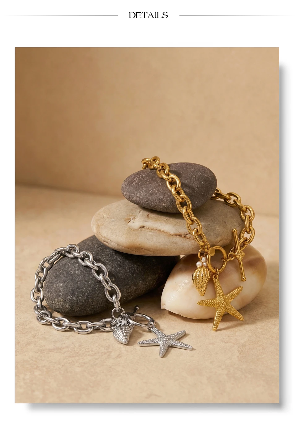 Yhpup Stainless Steel Starfish Conch Drop Charm Bracelet Bangle Toggle-Clasps Chain Ocean Style Summer Arrivals Vacation Jewelry