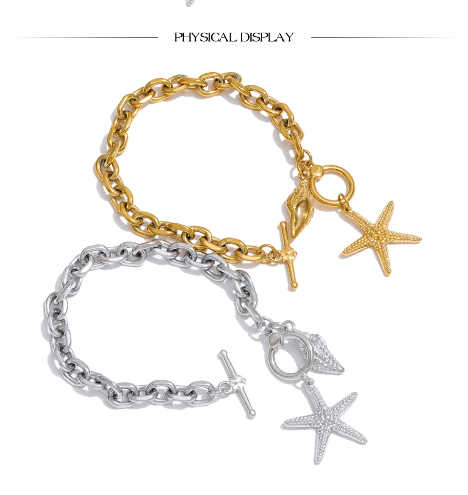 Yhpup Stainless Steel Starfish Conch Drop Charm Bracelet Bangle Toggle-Clasps Chain Ocean Style Summer Arrivals Vacation Jewelry