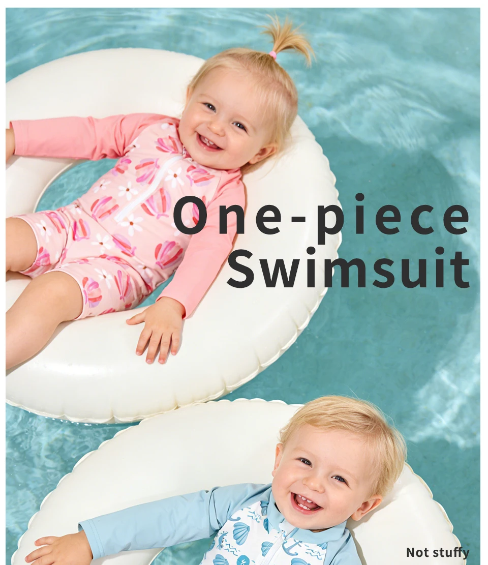 Elinfant Fashion Pattern Infant One Piece Swimsuit | Long Sleeve Sunscreen Swimsuit | Convenient Zipper Design