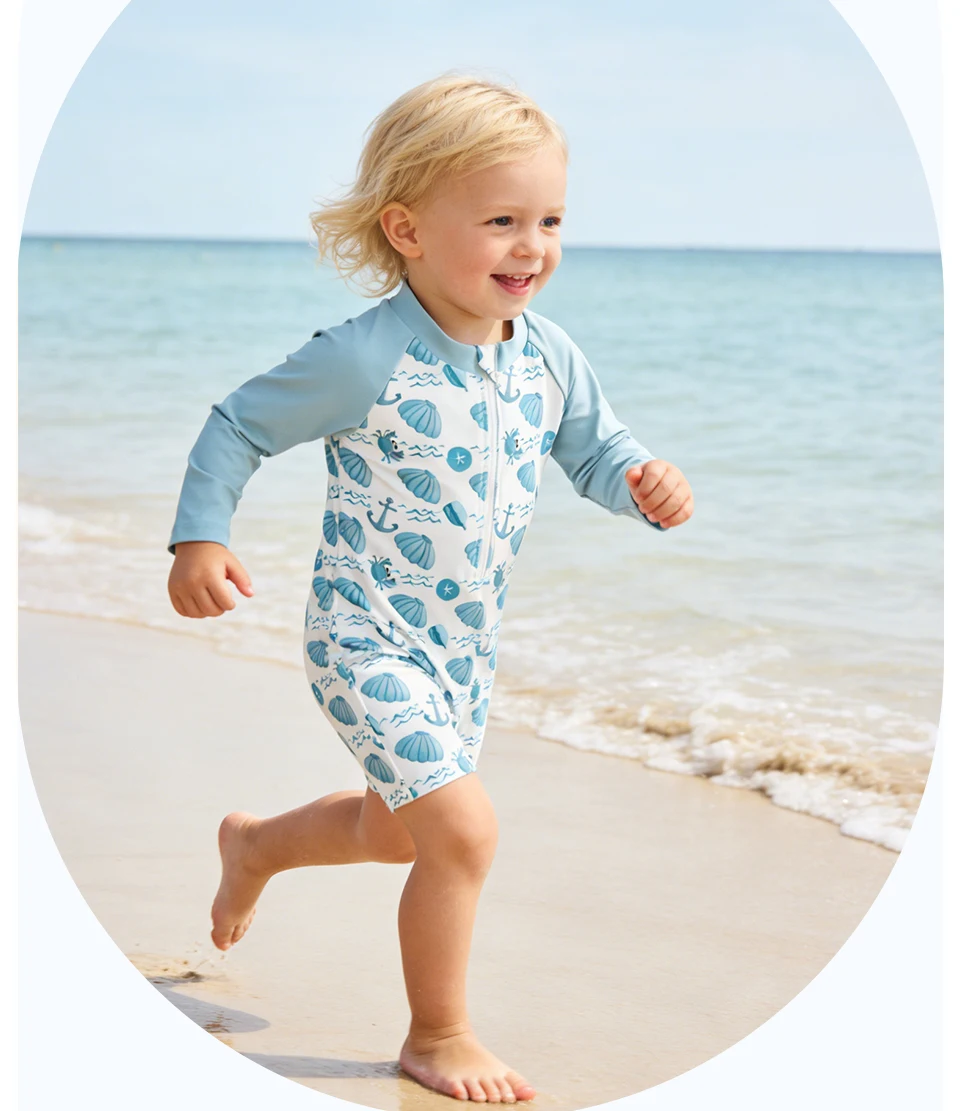 Elinfant Fashion Pattern Infant One Piece Swimsuit | Long Sleeve Sunscreen Swimsuit | Convenient Zipper Design