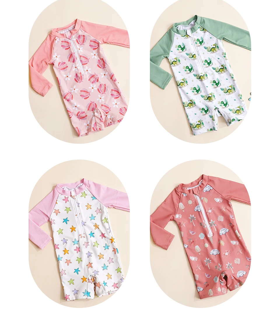 Elinfant Fashion Pattern Infant One Piece Swimsuit | Long Sleeve Sunscreen Swimsuit | Convenient Zipper Design