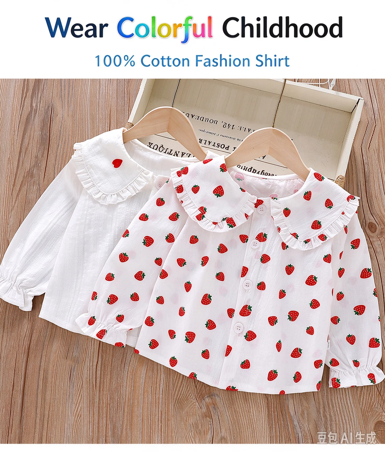 Girls' Strawberry Print Blouse, Ruffle Peter Pan Collar Cotton Shirt for Spring and Autumn
