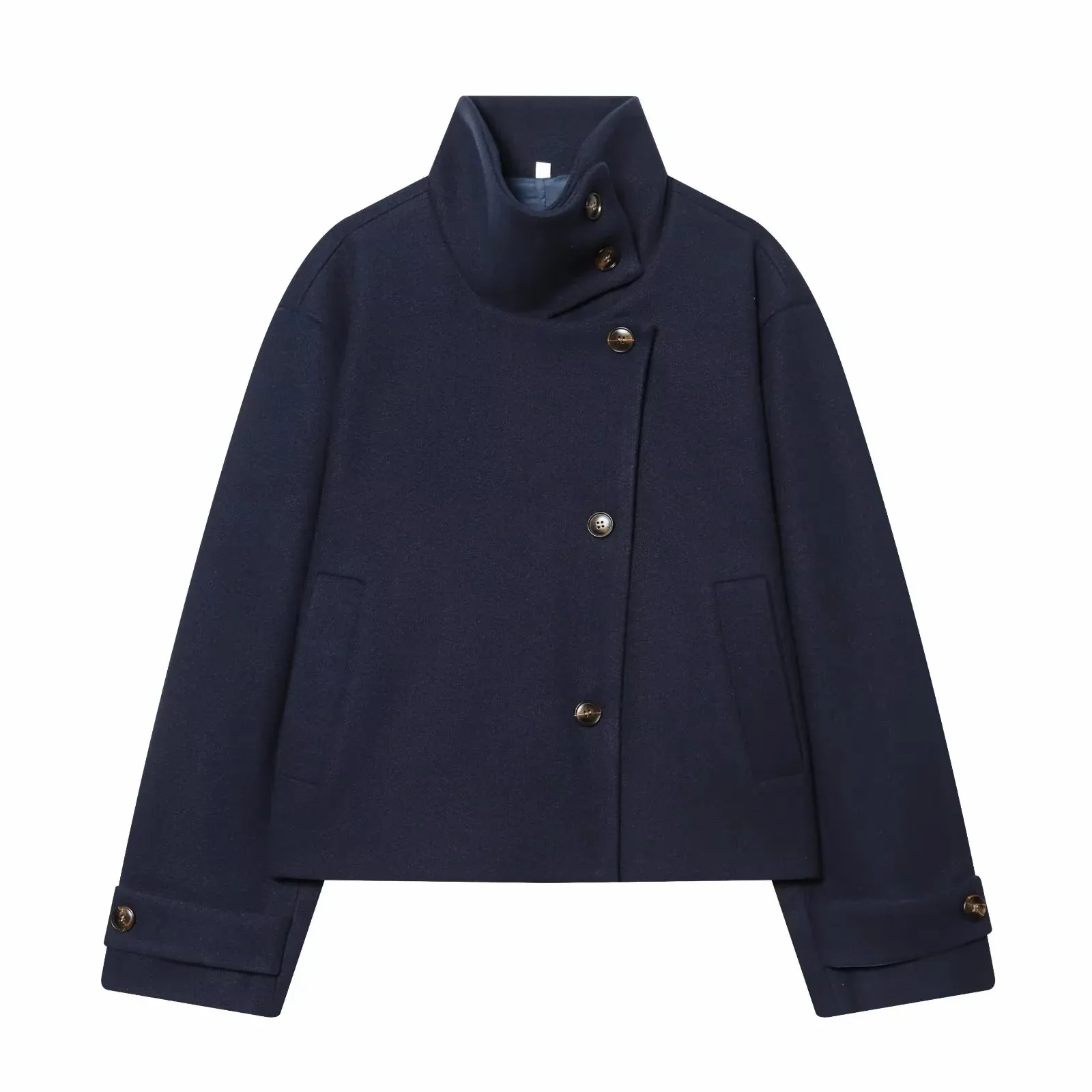 Women Vintage Stand Collar Breasted Long Sleeve Casual Woolen Coat Ladies Retro Long Sleeve Pockets Jacket Tops
