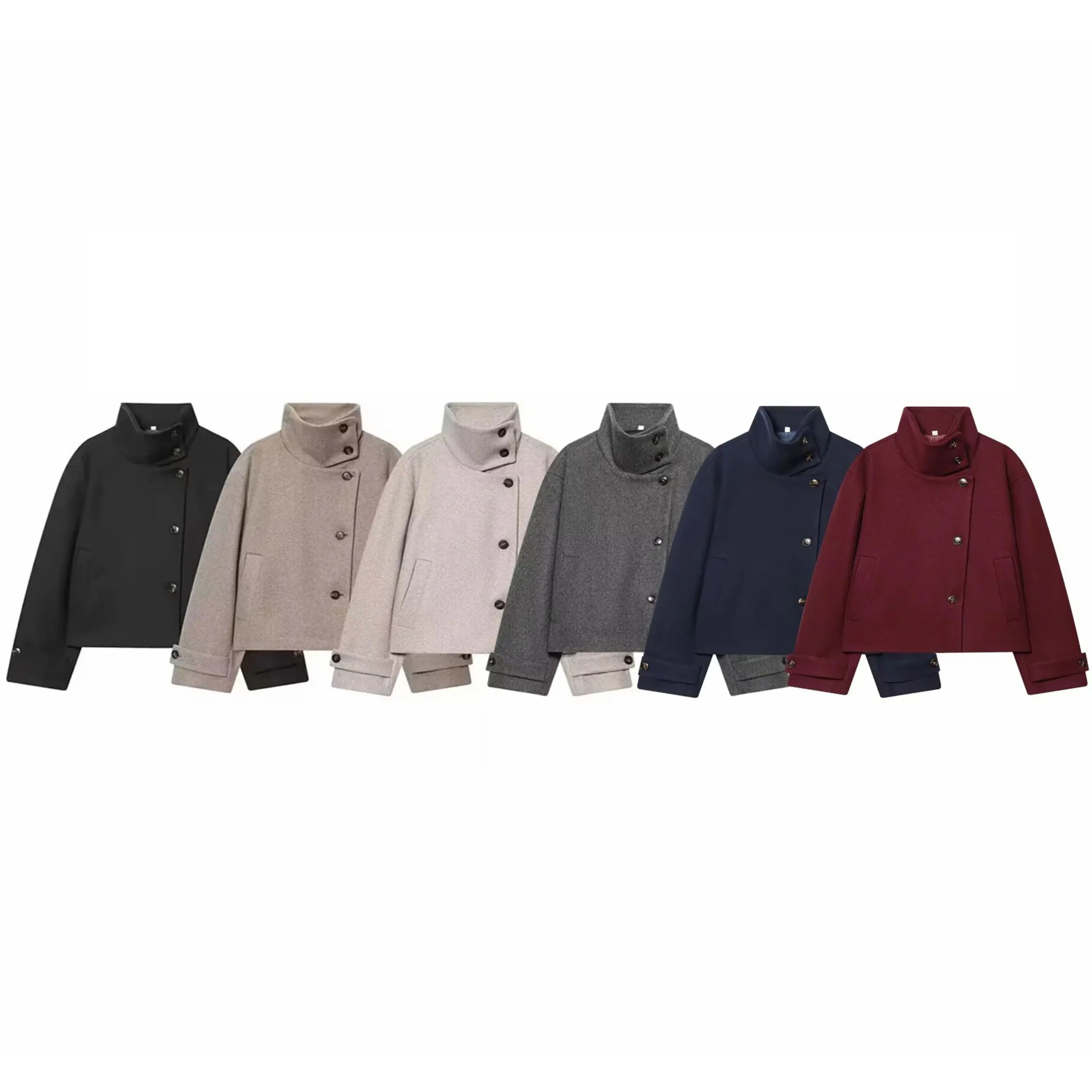 Women Vintage Stand Collar Breasted Long Sleeve Casual Woolen Coat Ladies Retro Long Sleeve Pockets Jacket Tops